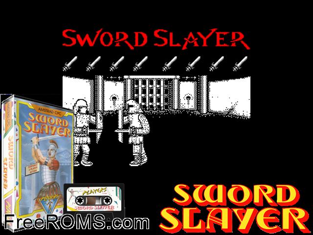 Sword Slayer (UK) (1988) [t1] Amstrad CPC game showing 3D box cover and gameplay screenshot